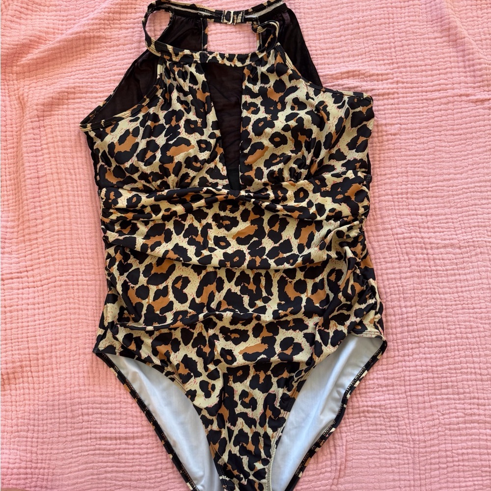 Wild Leopard Print Halter One Piece Swimsuit